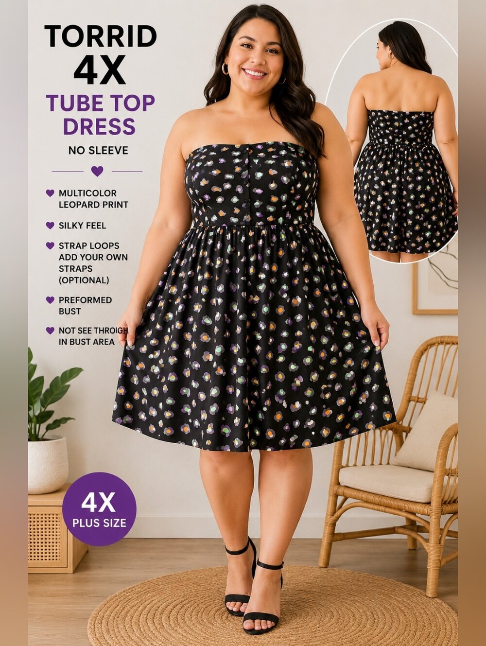 Torrid 4X Black Rainbow Leopard Animal Print Strapless Fit Flare Dress